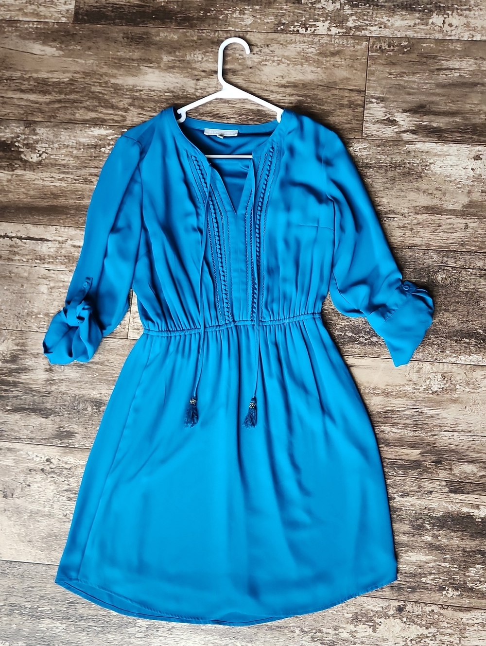Daniel Rainn Bright Teal Blue Tassel Tie-Waist Mini Dress